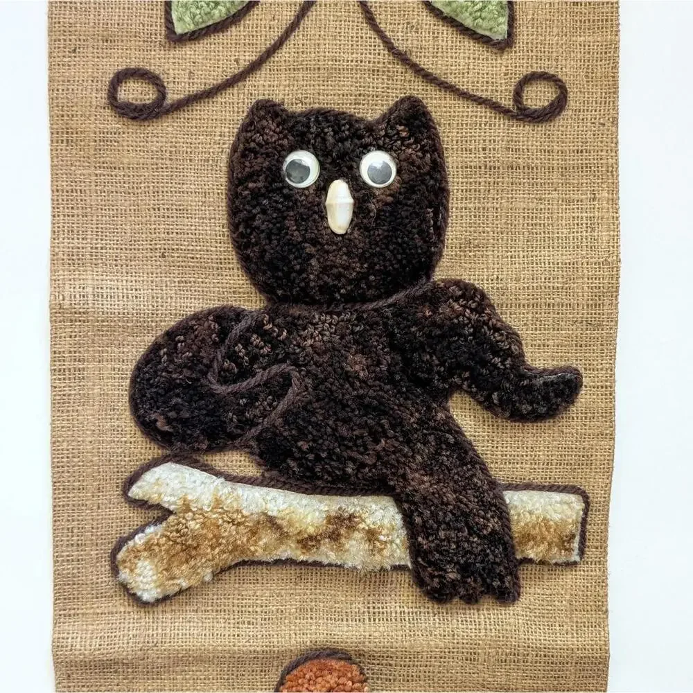 Groovy 1970s Vintage Burlap Wall Hanging with Owl & Flowers